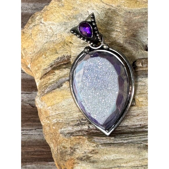 Sterling Silver Teardrop Druzy  Amethyst Pendant Sajen 925 - Picture 8 of 8